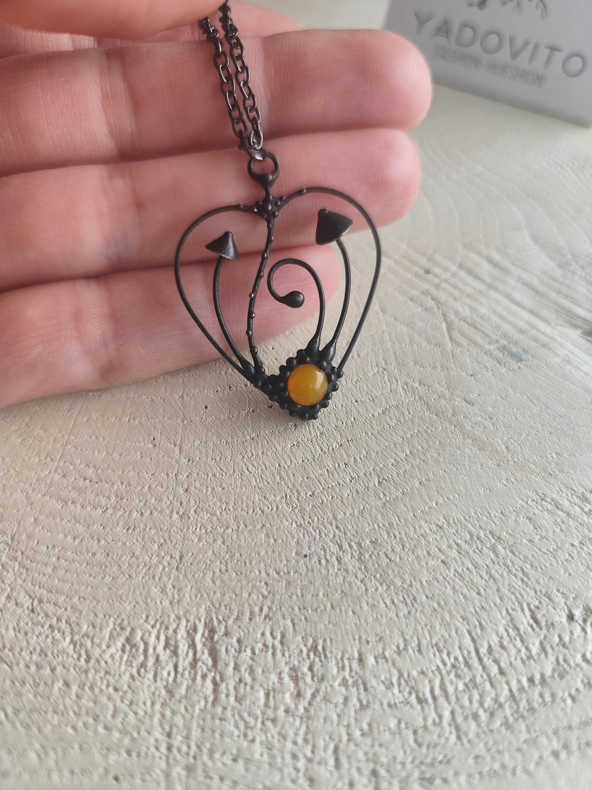 Yellow Glass Mushroom Heart Necklace – Blackened Copper