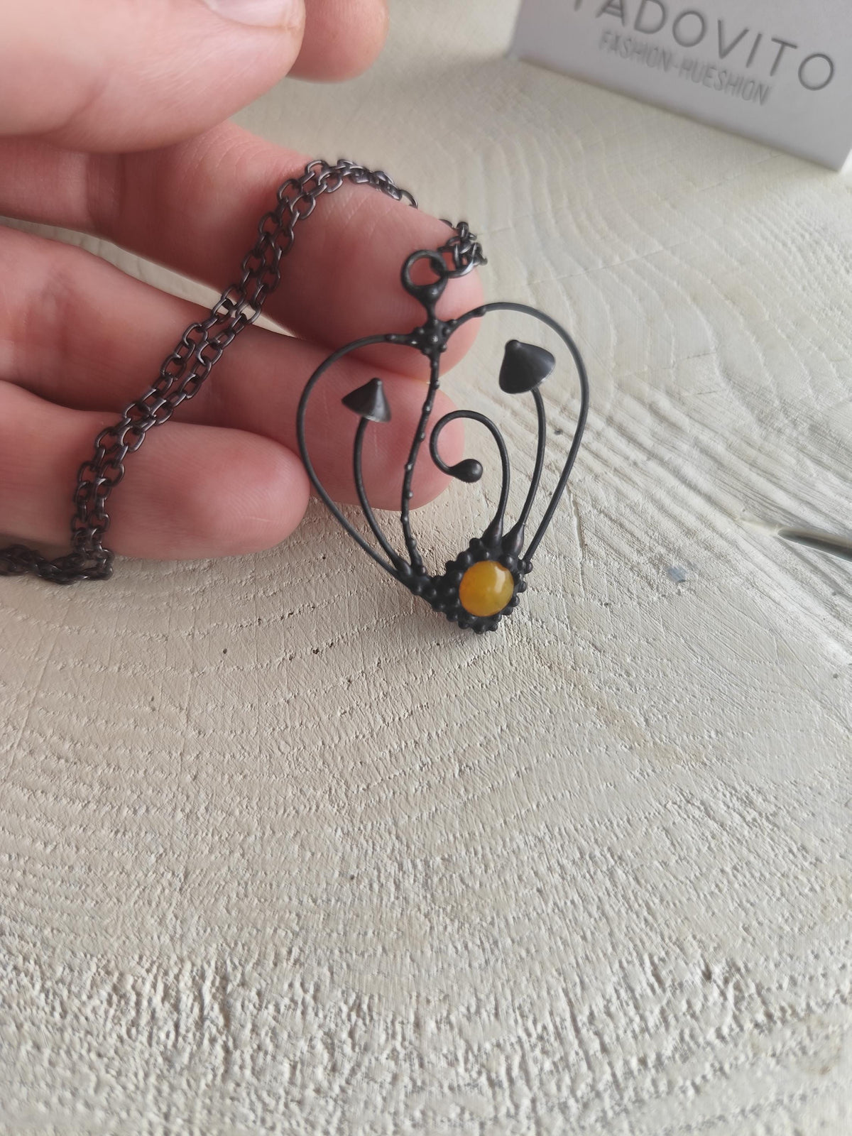 Yellow Glass Mushroom Heart Necklace – Blackened Copper