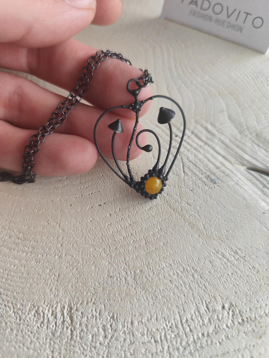 Yellow Glass Mushroom Heart Necklace – Blackened Copper