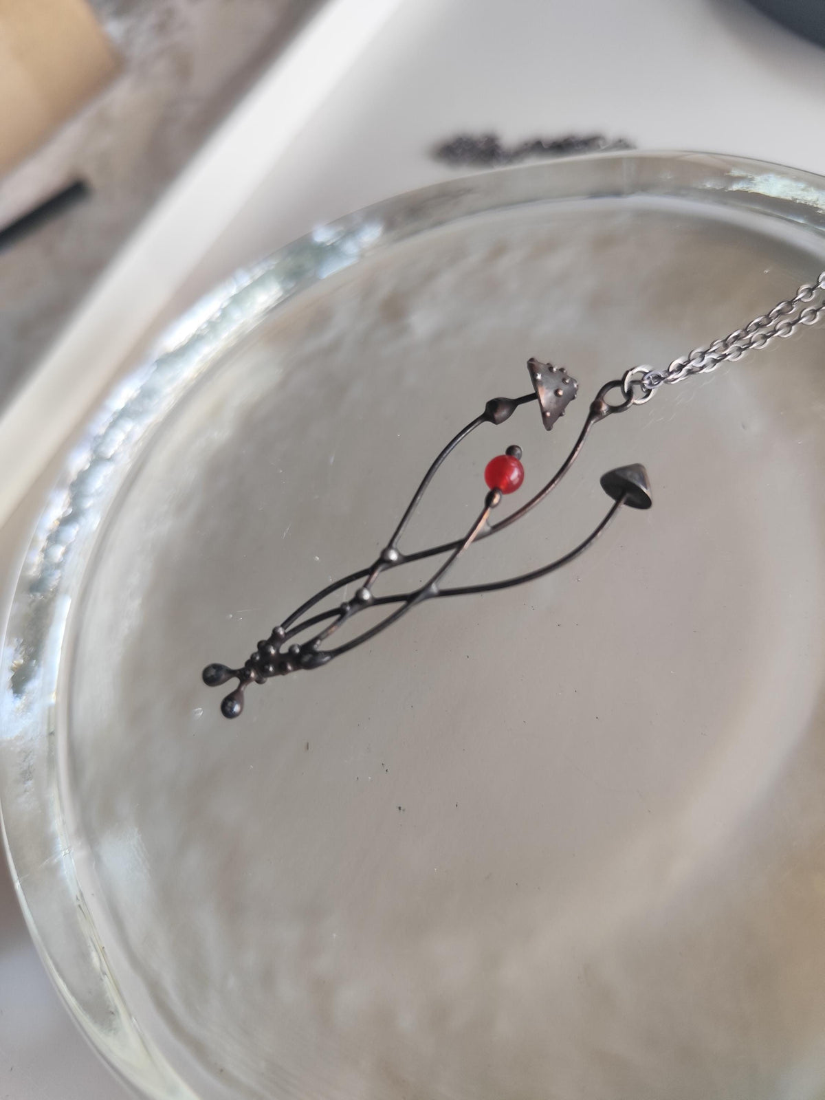 Mushroom Necklace with Red Bead – Blackened Copper