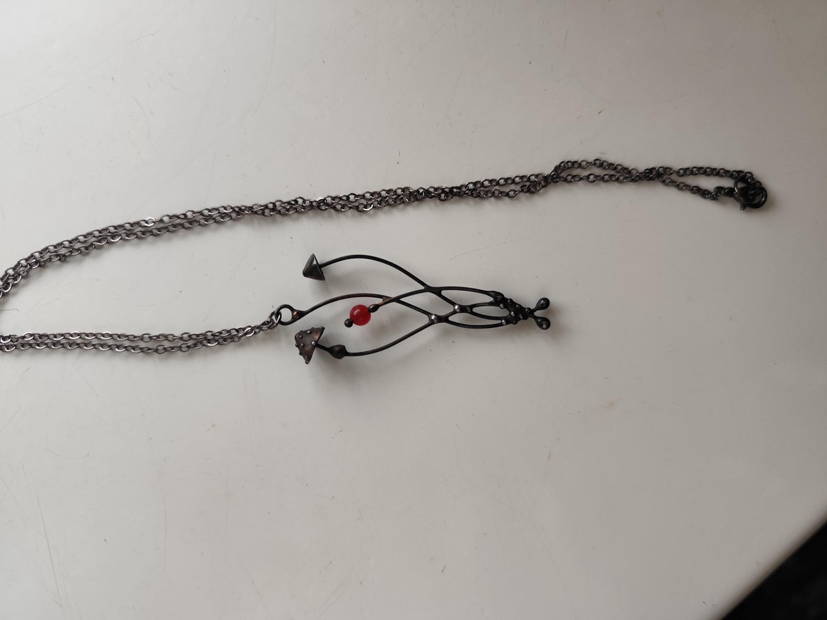Mushroom Necklace with Red Bead – Blackened Copper