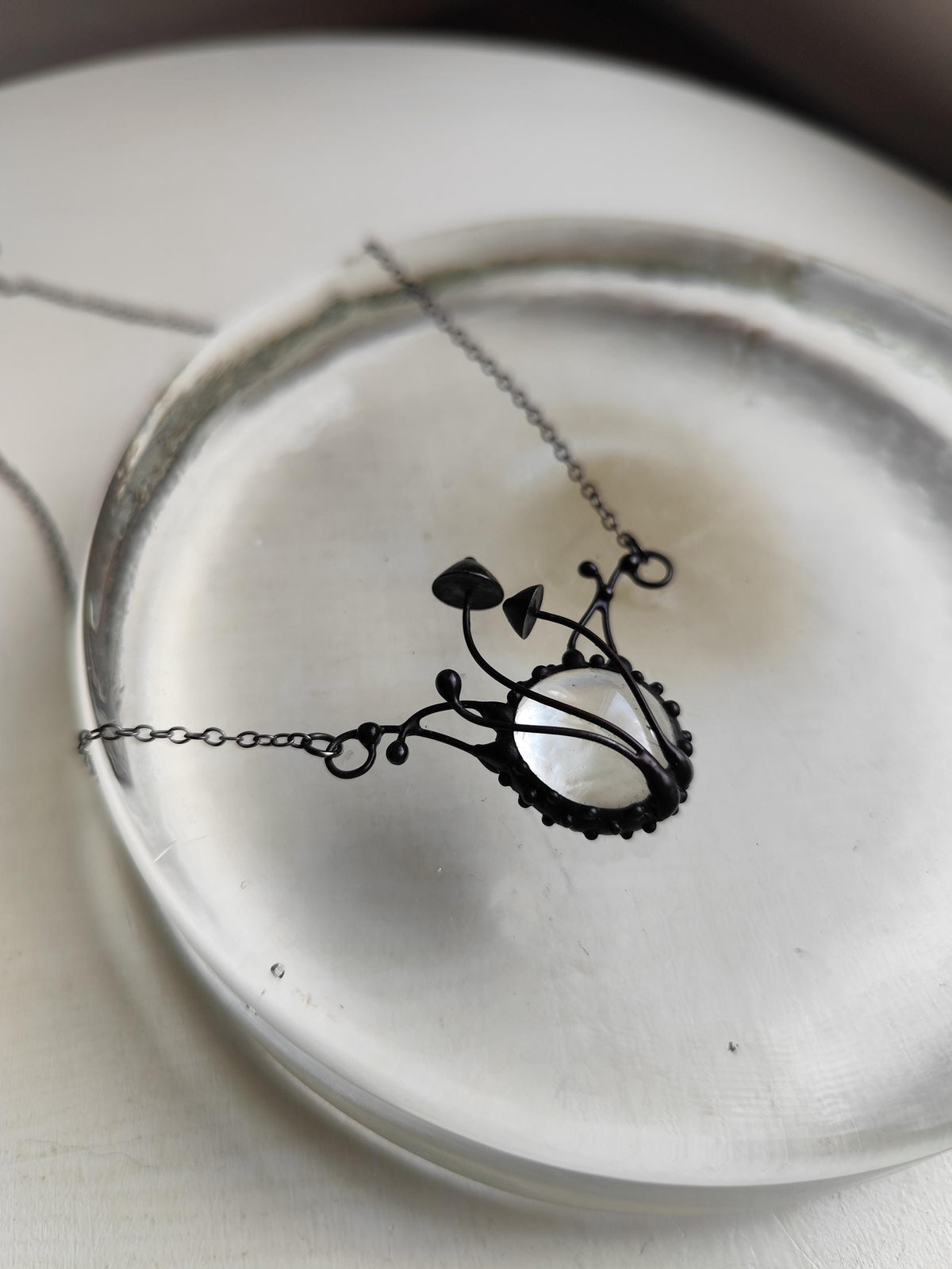 Clear Glass Mushroom Necklace – Blackened Copper & Pewter Botanical Pendant – Sculptural Forest