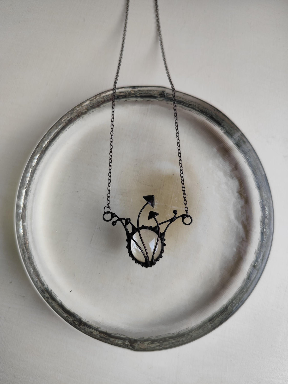 Clear Glass Mushroom Necklace – Blackened Copper & Pewter Botanical Pendant – Sculptural Forest