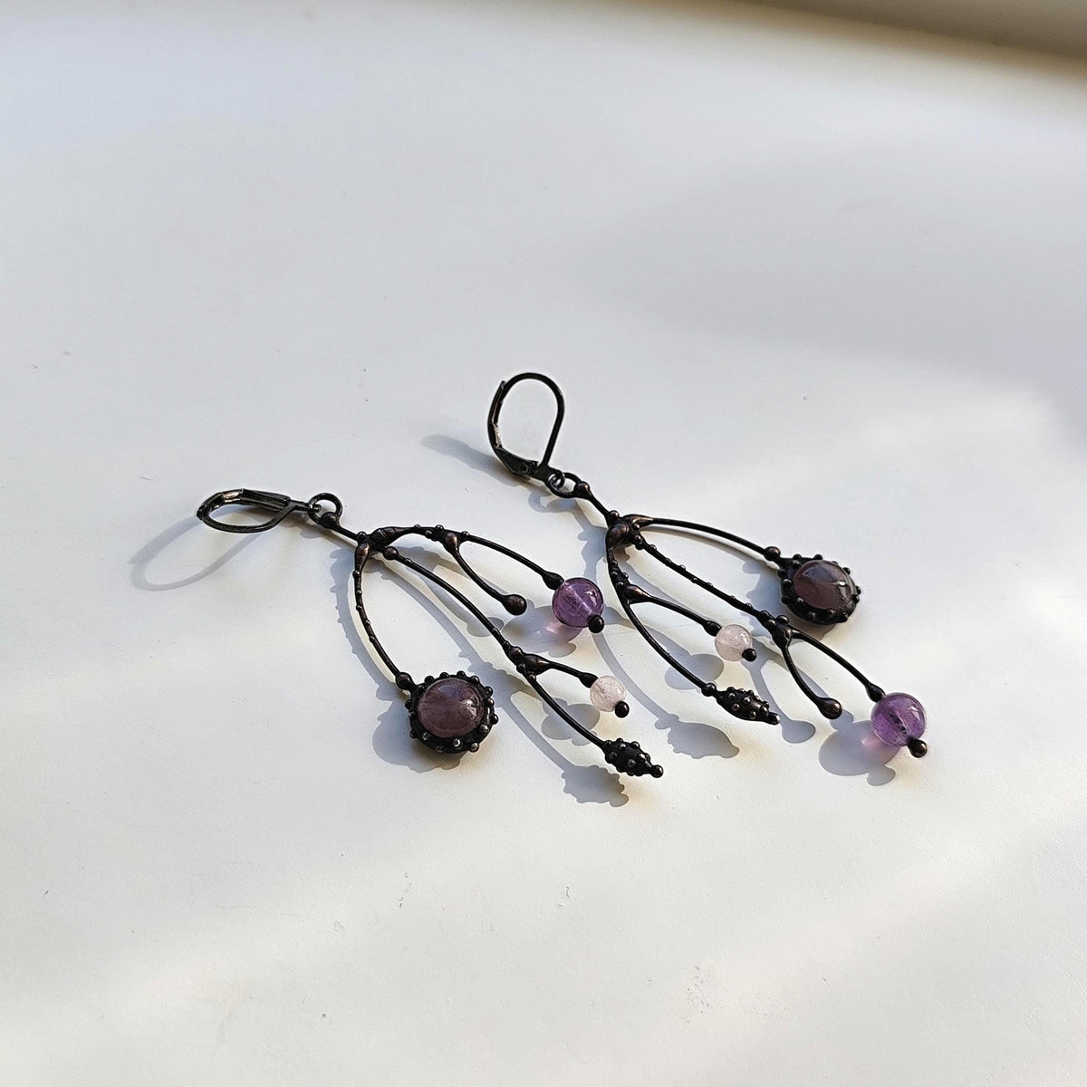 Amethyst Asymmetrical Branch Earrings – Blackened Copper
