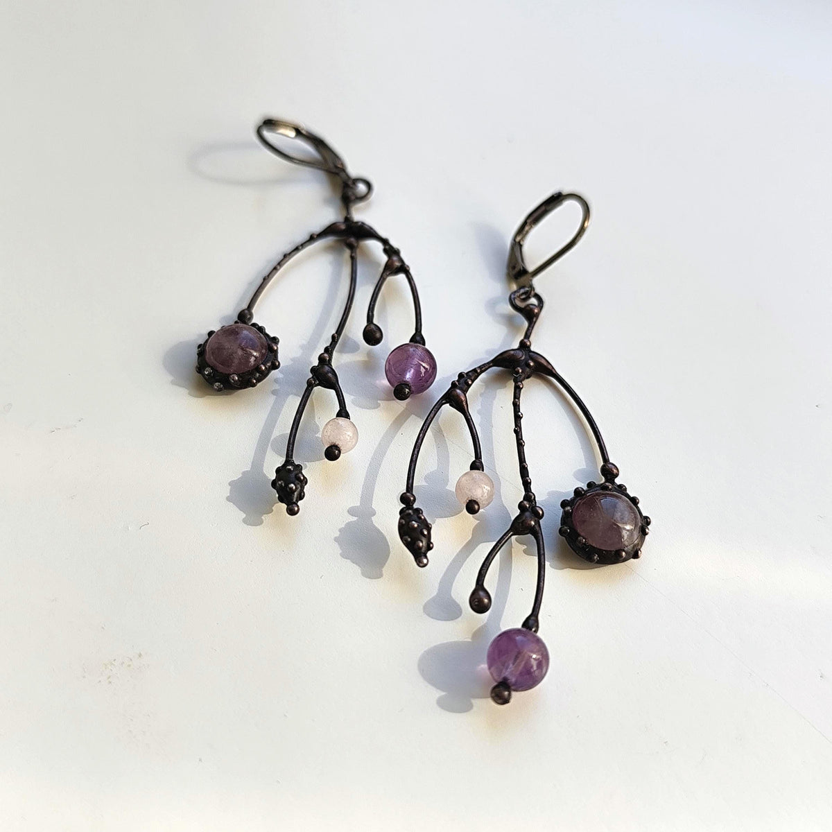 Amethyst Asymmetrical Branch Earrings – Blackened Copper