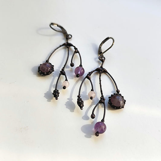 Amethyst Asymmetrical Branch Earrings – Blackened Copper