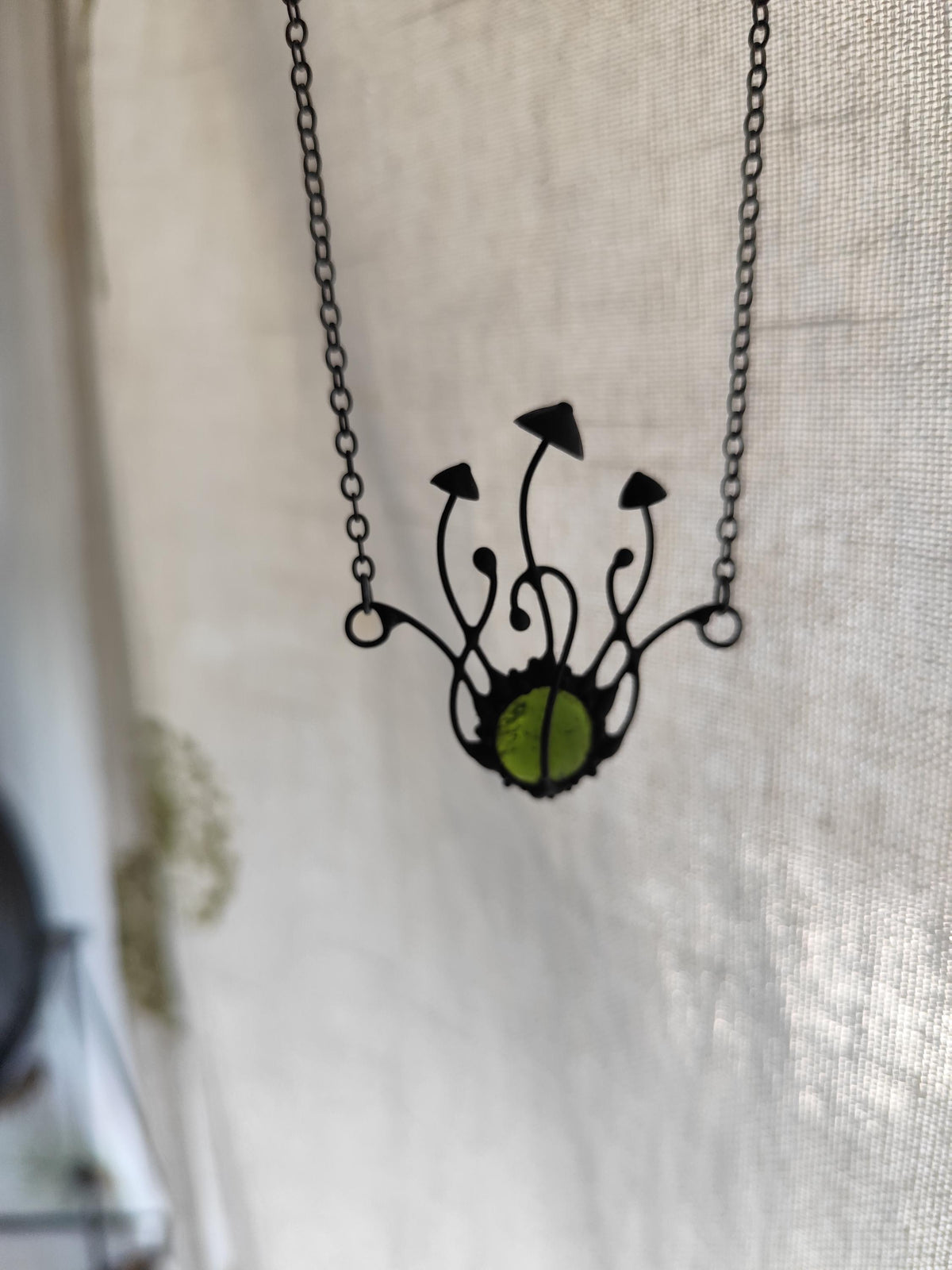 Green Glass Mushroom Necklace – Blackened Copper & Pewter Botanical Pendant – Sculptural Forest