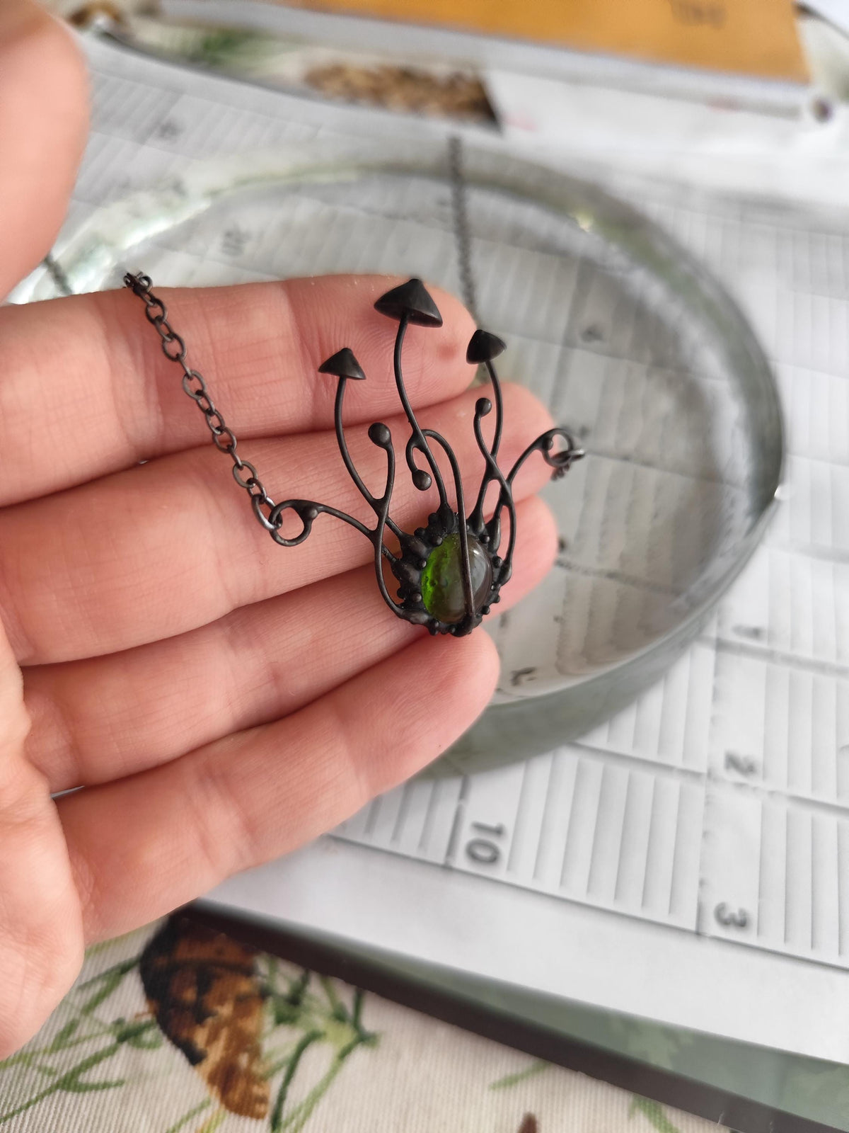 Green Glass Mushroom Necklace – Blackened Copper & Pewter Botanical Pendant – Sculptural Forest