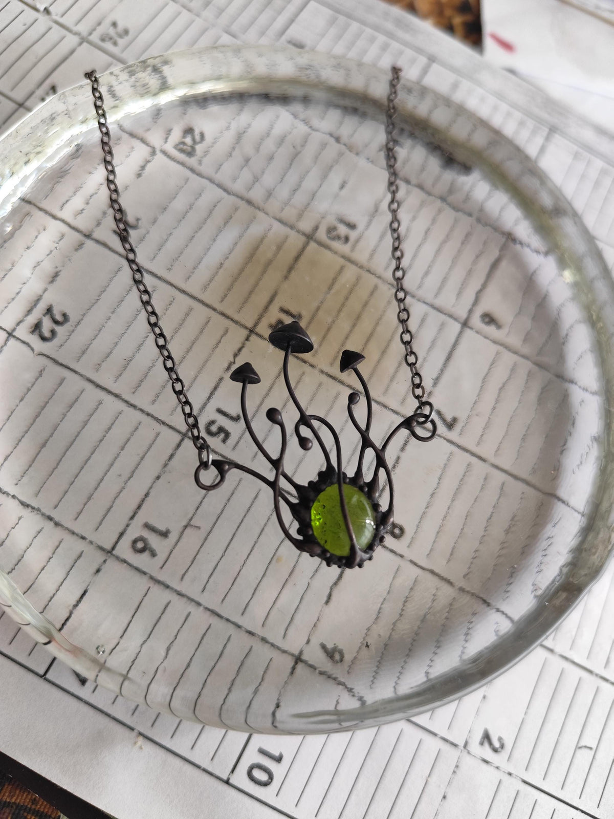 Green Glass Mushroom Necklace – Blackened Copper & Pewter Botanical Pendant – Sculptural Forest