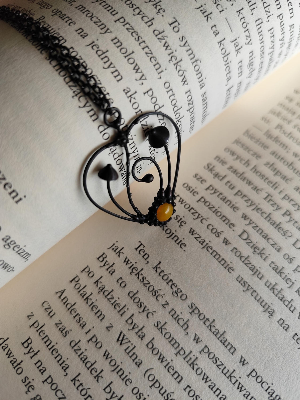 Yellow Glass Mushroom Heart Necklace – Blackened Copper