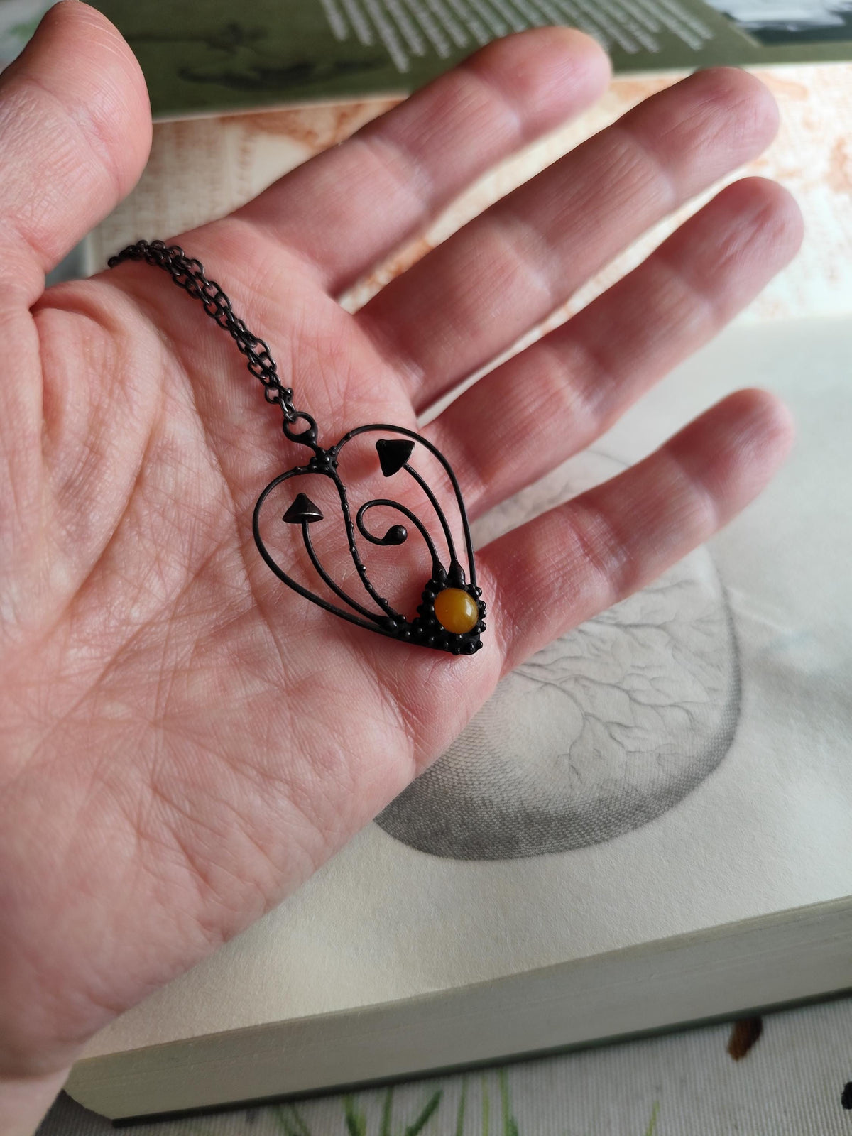 Yellow Glass Mushroom Heart Necklace – Blackened Copper
