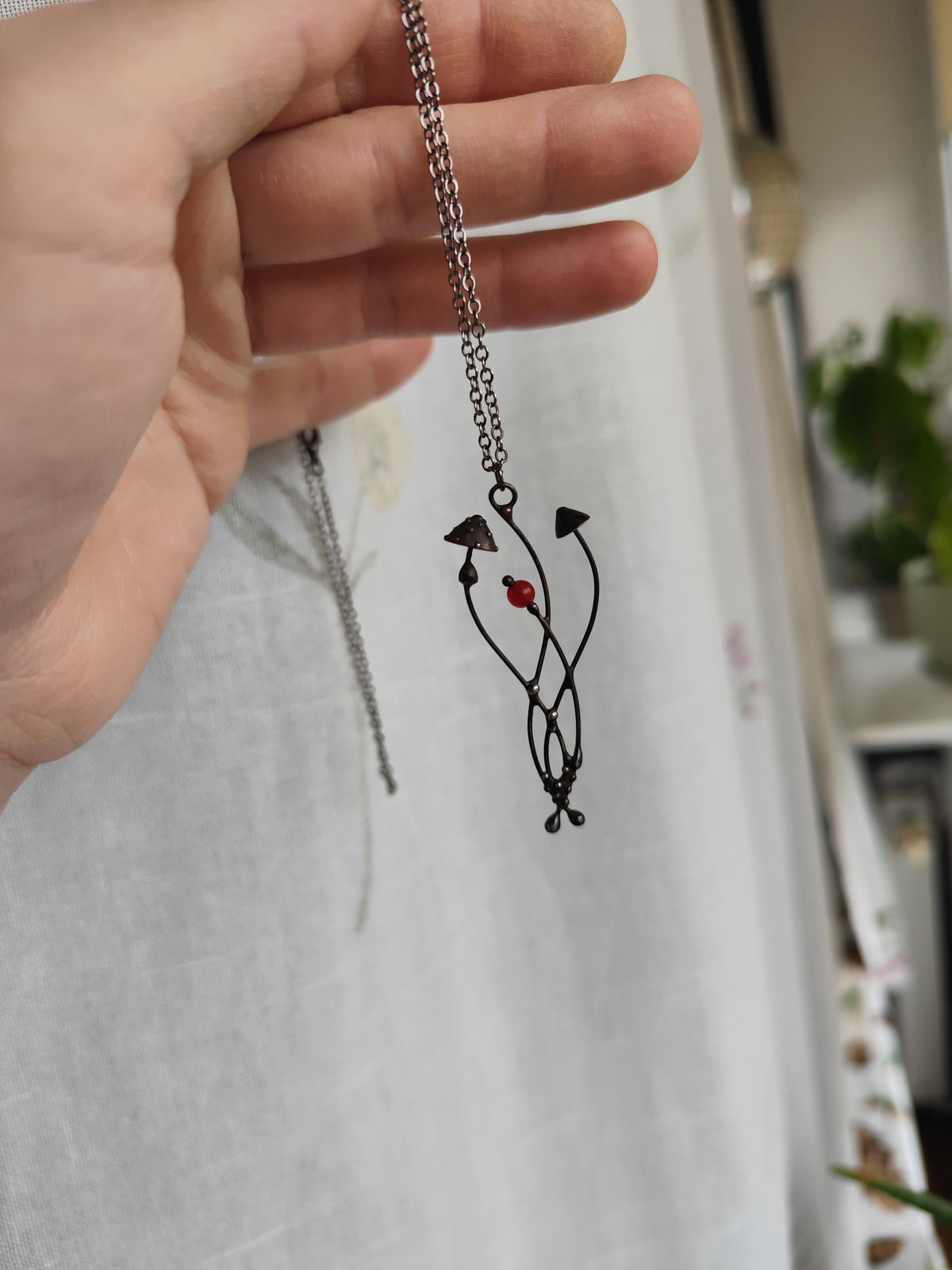 Mushroom Necklace with Red Bead – Blackened Copper