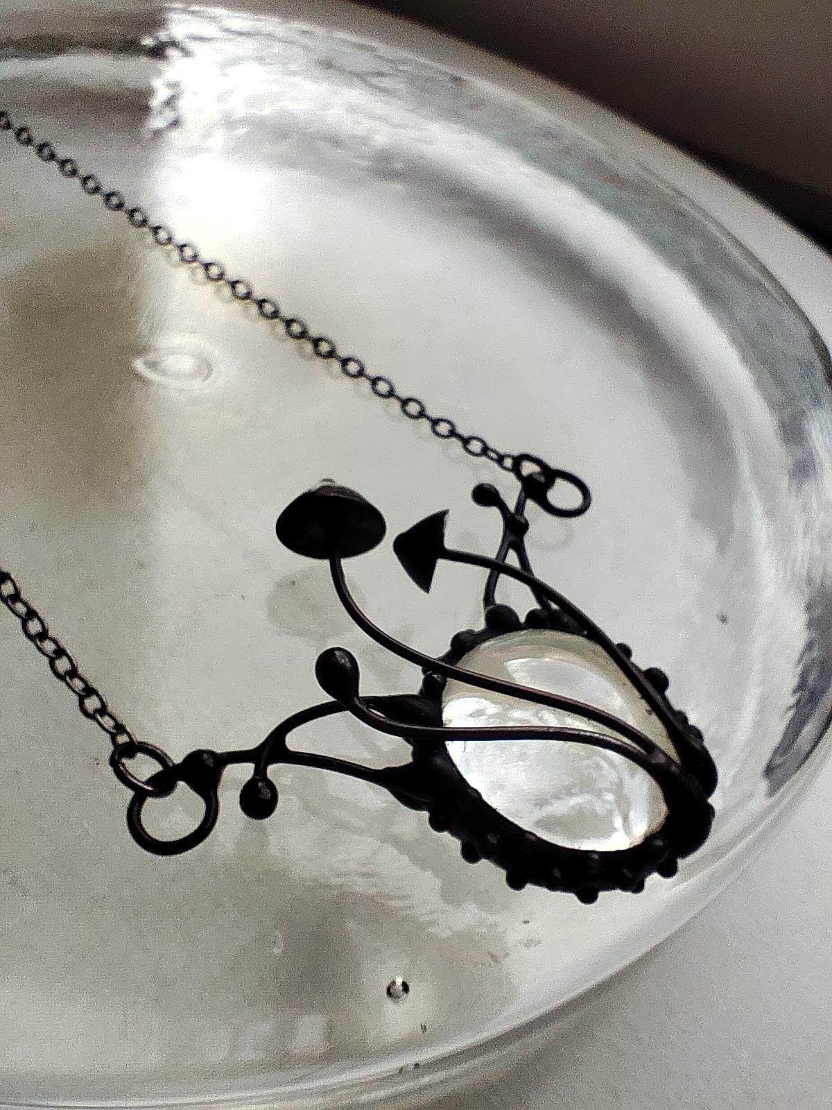 Clear Glass Mushroom Necklace – Blackened Copper & Pewter Botanical Pendant – Sculptural Forest