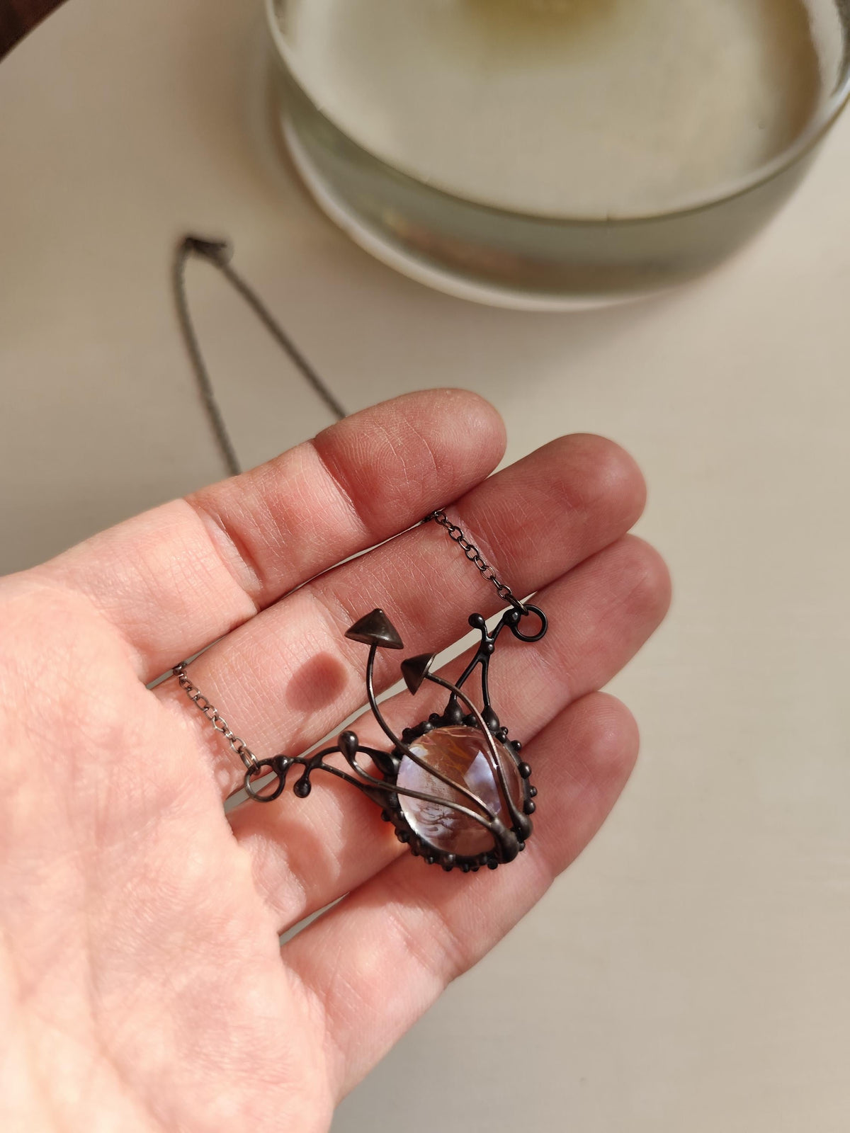 Clear Glass Mushroom Necklace – Blackened Copper & Pewter Botanical Pendant – Sculptural Forest