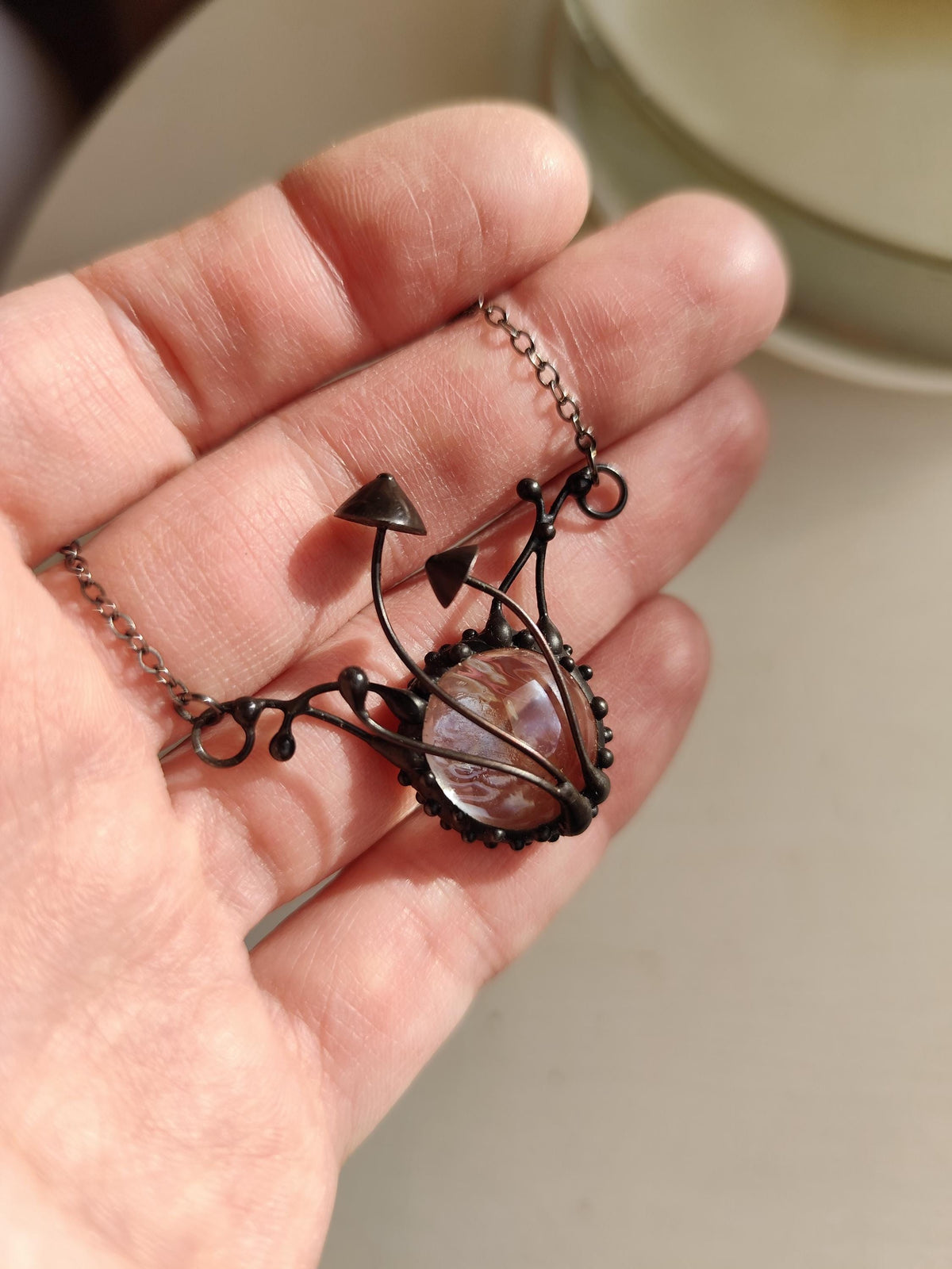 Clear Glass Mushroom Necklace – Blackened Copper & Pewter Botanical Pendant – Sculptural Forest