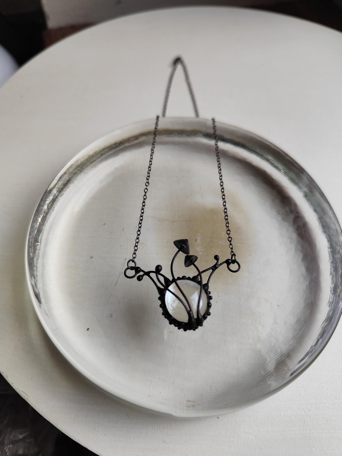 Clear Glass Mushroom Necklace – Blackened Copper & Pewter Botanical Pendant – Sculptural Forest