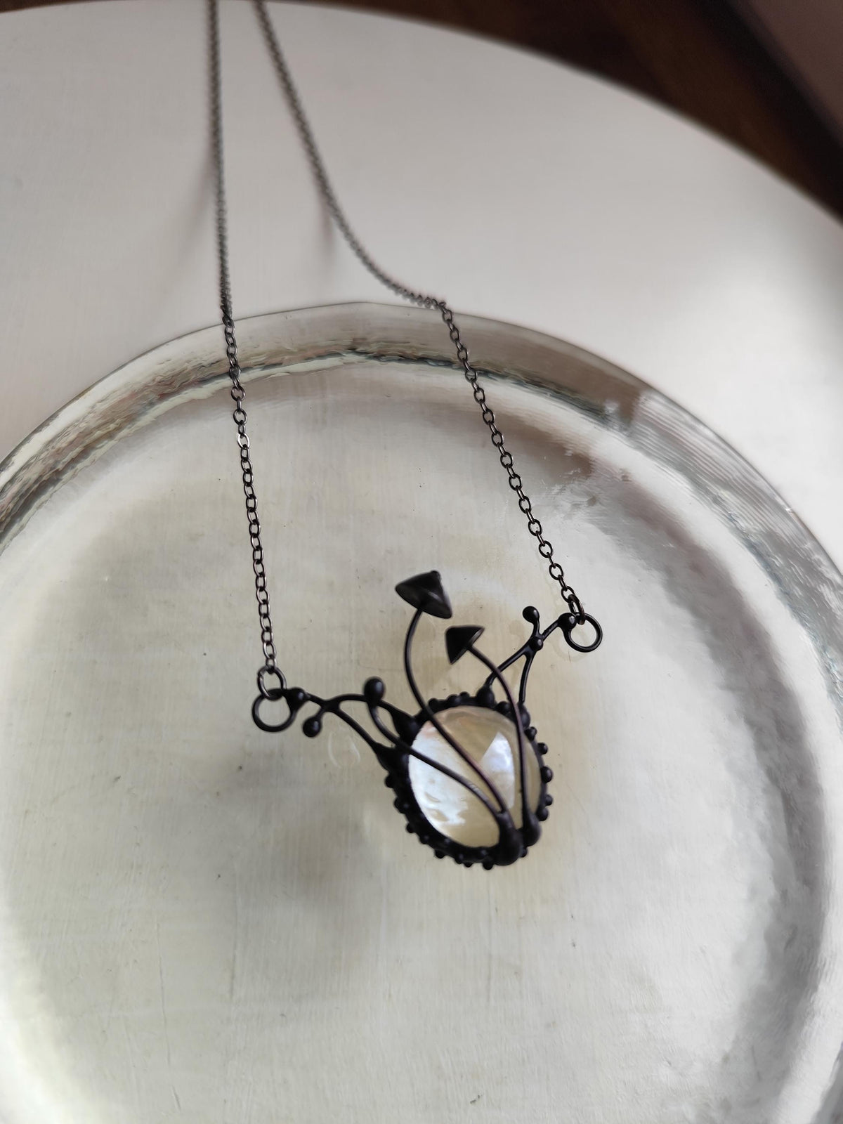 Clear Glass Mushroom Necklace – Blackened Copper & Pewter Botanical Pendant – Sculptural Forest