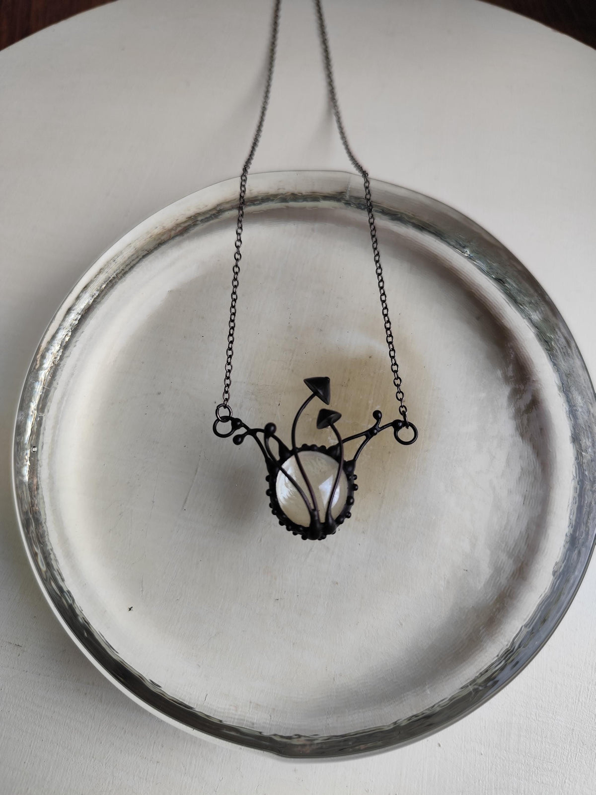 Clear Glass Mushroom Necklace – Blackened Copper & Pewter Botanical Pendant – Sculptural Forest
